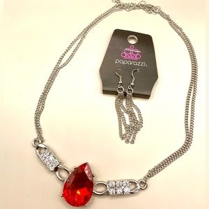 Silver tone  double necklace with red rhinestone tear drop pendant and earrings